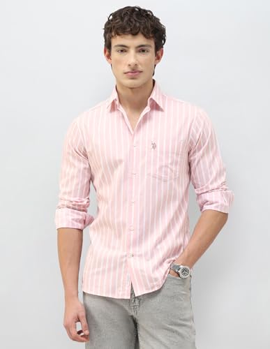 U.S.Polo Association Men's Casa De Campo Vertical Striped Shirt (USSHT3369_Pink_46)
