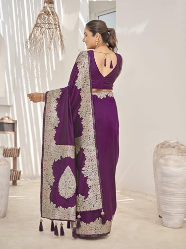 MANOHARI Women's Trendy Banarasi Soft Silk Woven Purple Saree With Heavy Jacquard Work Saree With Purple Blouse Piece_MN2017
