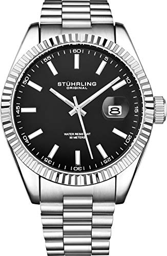 Stuhrling Original Watches for Men - Lineage Analog Dress Watch Mens Quartz Watch Watch Stainless Steel Bracelet Wrist Watch Luminous Hands and Markers - Mens Watch Collection (Black)