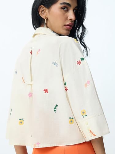 The Souled Store Dragonfly Women and Girls Three-Quarter Sleeves Collared Off White Embroidered Cotton Oversized Fit Breathable Lightweight Shirt for Casual Streetwear