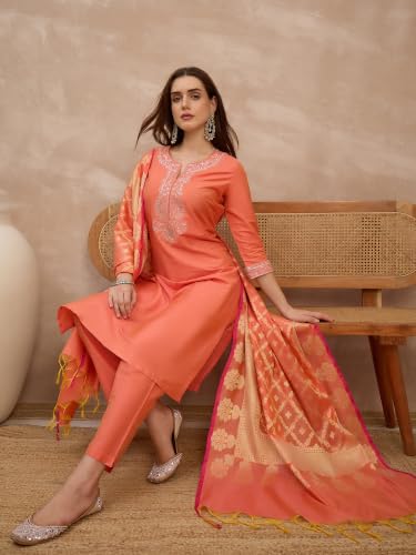 Rangavali Coral Peach Cotton Silk Embroidered Festive Suit Set With Bararasi Zari Woven Dupatta | Family Function, Office Festive & Wedding Ethnic Wear Suit Set | XL, 38