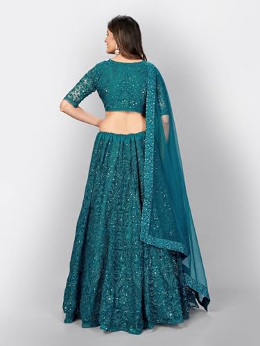 Zeel Clothing Womens Thread Sequins Embroidery Soft Semi-Stitched Net Lehenga Choli Set With Dupatta (6017-Teal-Green-Wedding-Stylish-Latest; Free Size)