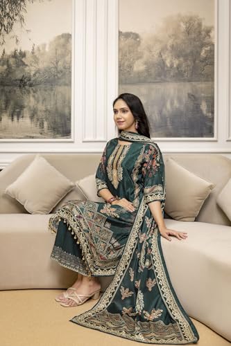 NIVANA Embroidered & Printed Asymmetric Kurta with Palazzo & Printed Dupatta | XXL | Teal | Paisley & Floral Print | 3 Piece Ethnic Set