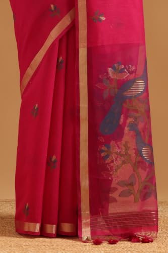 Soch Womens Fuchsia Chanderi Bird Motifs Zari Woven Saree
