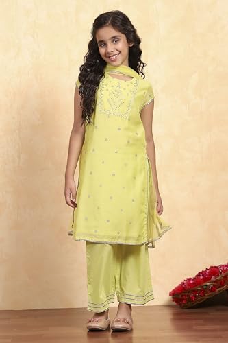 BIBA Girl's Lime Yellow Polyester Straight Printed Suit Set