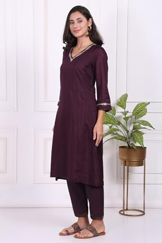 W for Woman Maroon Embroidered Silk Straight Kurta, Pants and Dupatta Set - (WS13298-224278-XL)