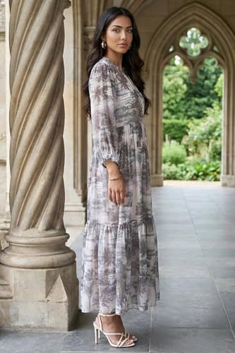 W for Woman Grey Floral Printed Silver Chiffon Flared Dress - (W14083-127343-3XL)