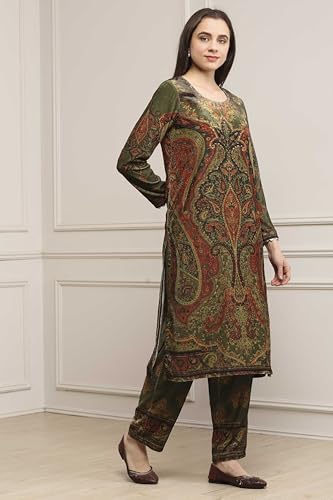 Biba Women Heena Green Polyester Straight Printed Kurta Pants Set_34