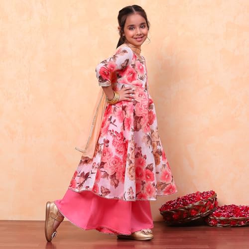 Biba Girls White Flared Poly Modal Printed Kurta suit set