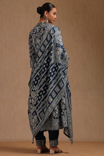 Soch Womens Indigo Dola Silk Floral Print Suit Set With Beads