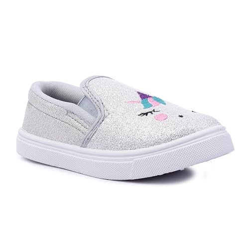 Myau Girls' Glitter Embroidery Design Slip-On Shoes, Casual Sneakers for 3-8 Years (Silver, UK Footwear Size System, Little Kid, Women, Numeric, Medium, 12)