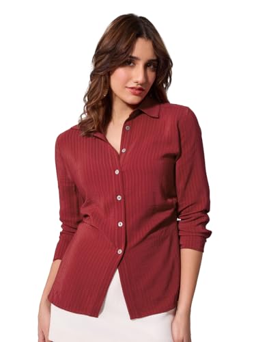 The Souled Store Side Rouching Shirt: Red Women and Girls Long Sleeves Collared Neck Button Front Slim Fit Viscose Shirts