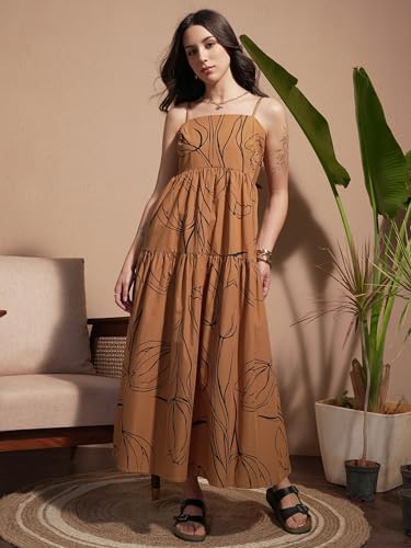 Vishudh Women Sleeveless Tie Neck Dress VVa1000070 Brown L