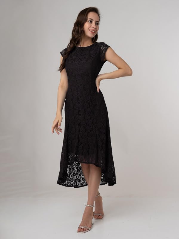 Zink London Women's Black Lace Round Neck Midi Dress