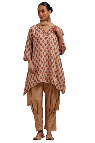 Soch Womens Beige Georgette Floral Print Suit Set With Mirror Work