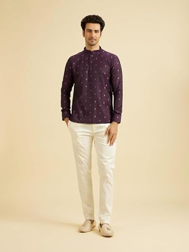 Manyavar Men's Art Silk Jacquard| Thread Work Short Kurta (Purple,XXXL)