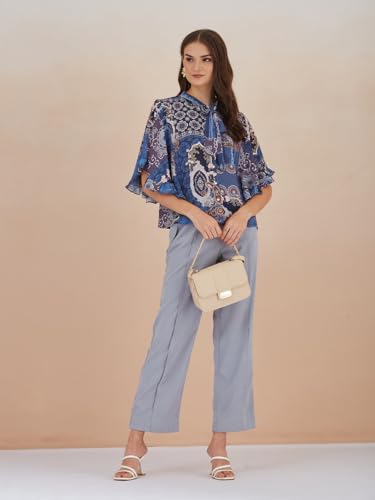 Latin Quarters Women Blue Cape Sleeves Tie Neck Printed Top for Casual_XXL