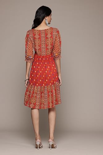 Aarke Ritu Kumar V-Neck 3/4Th Sleeve Printed Dress Rust