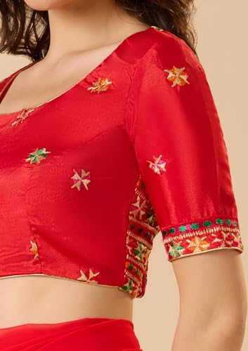 S SALWAR STUDIO Red Chinon Silk Round Neck Phulkari Readymade Blouse