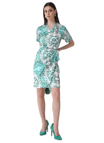 Kazo Solid Satin Collar Neck Womens Mini Dress (Green Mix, XS)