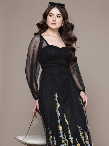 Label RITU KUMAR Black Eden Sweetheart Neck Full Sleeves Long Dress