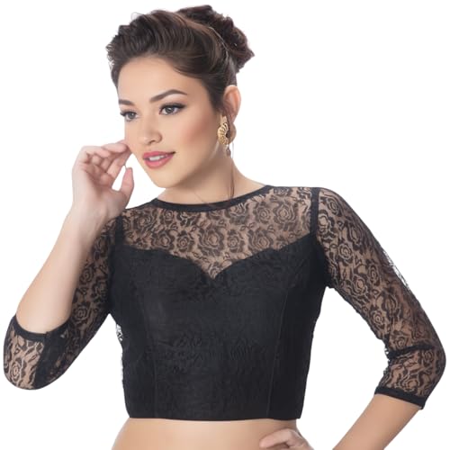 Biyu Women's Floral Net 3/4th Sleeves High Neck Readymade Saree Blouse (Black, 46)