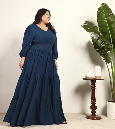 DEEBACO Women's Plus Size Solid Rayon Tiered Maxi Dress|3/4 Sleeve|V-Neck|Casual Trending Stylish Long One Piece Dresses Women Western(DBDRP00002316_4XL_Teal Blue)