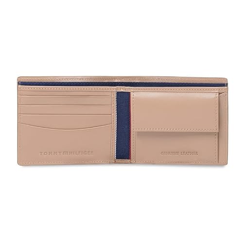 Tommy Hilfiger Men's Leather Wallet Avlona | Textured Khaki+White+Beige Bi-Fold with Global Coin Pocket | Stylish Purse for Gents
