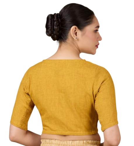 Studio Shringaar Women's Madras Handloom Cotton Side Stretchable (Smocked) Readymade Saree Blouse (Yellow, 46)