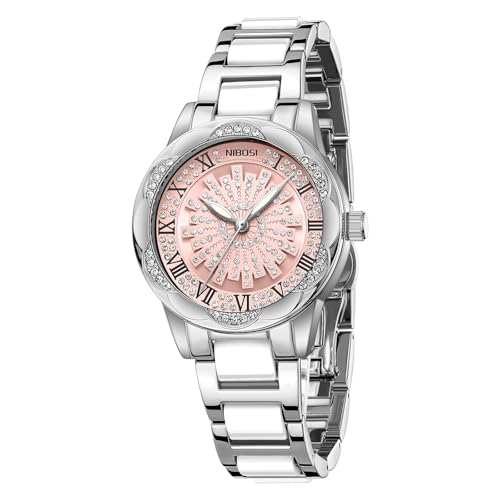 NIBOSI Watch for Woman Analog Quartz Rose Gold Stainless Steel Band Luxury Ladies Watch Stylish Diamond Rotating Pink Dial Wrist Watches Waterproof (Silver Pink)