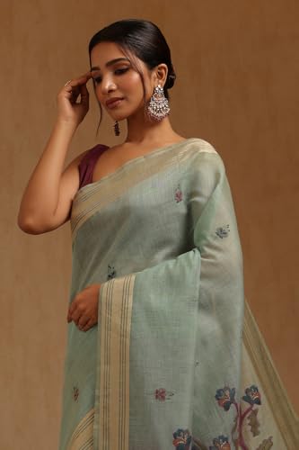 Soch Womens Turquoise Blue Chanderi Woven Design Saree