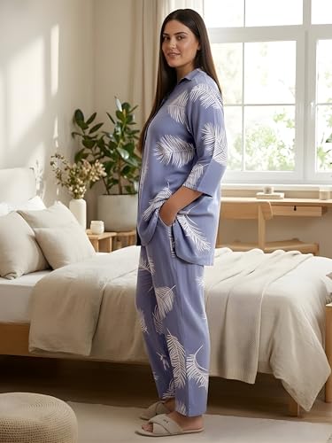 Indietoga Women Plus Size Rayon Shirt and Pyjamas Nightsuit (P50001452_Blue Printed_3XL)