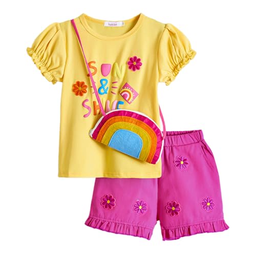 Hopscotch Girls Puff Sleeves Fuchsia 2-Pc Blossom Blouse & Shorts with Handbag (3-4 Years)