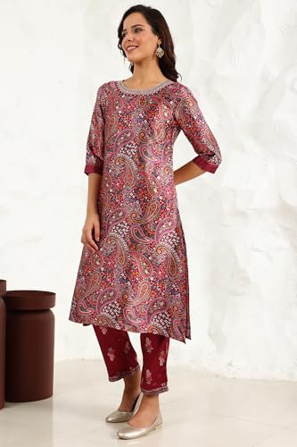 W for Woman Wine Paisley Printed Japanese Satin Embroidered Neck Kurta with Straight Pants with Dupatta (Size: XXL)-24AUWS11968-124645