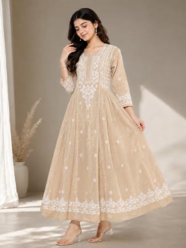 Chikankari Gown Beige Floral Embroidered Anarkali Size M