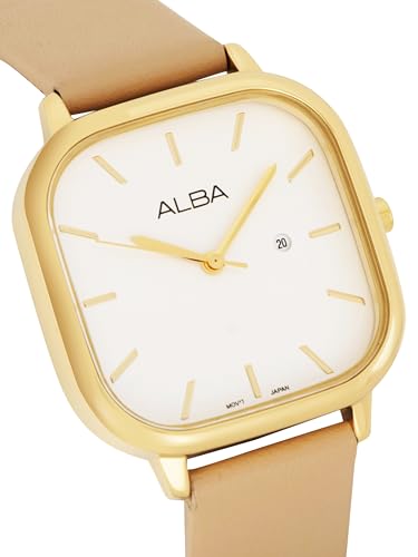 ALBA Leather Women Analog Wristwatch Ah7Bz6X1, White Dial, Beige Band