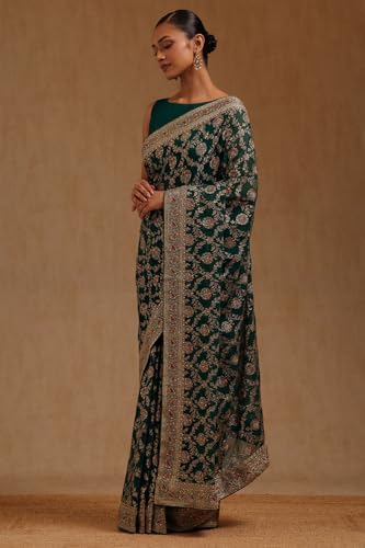 Soch Womens Teal Green Georgette Embroidered Saree With Stone Work