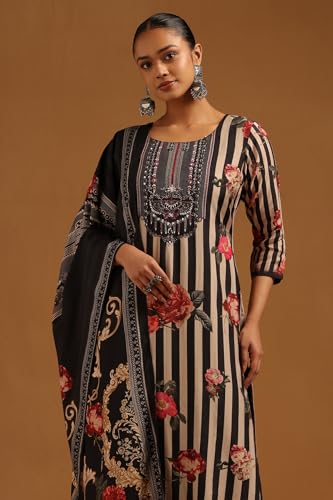 Soch Womens Black Muslin Floral Hand Embroidered Salwar Suit With Sequins