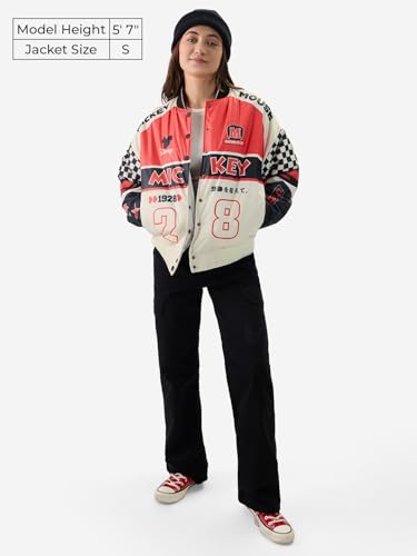 The Souled Store Official Mickey Mouse: Racing Club 28 Women and Girls Long Sleeve Button Front Graphic Print Oversized Fit Varsity Jackets