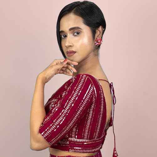 Women's Sequin Embroidered V Neck Elbow Half Sleeve Readymade Saree Blouse Indian Ethnic Designer Stitched Handmade Top Padded Wine Pink Blue White Black | E3