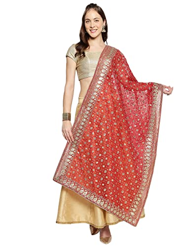 DUPATTA BAZAAR Women's Red Heavily Embroidered Net Dupatta