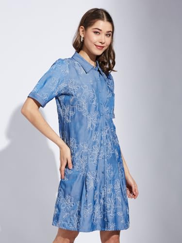 Latin Quarters Women Blue Collar Neck Half Sleeve Printed Shirt Dress_XL
