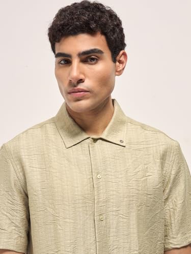 THE BEAR HOUSE Men's Textured Regular Fit Casual Shirt Beige