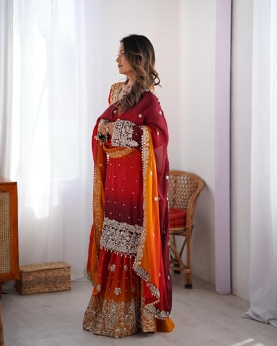 LEELI PEERI DESIGNER Women's Chinon Silk Embroidery Multicolour Kurta Sharara Set With Dupatta(45PDM10-M)