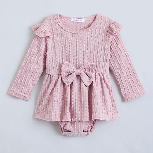 Hopscotch Girls Full Sleeves Pink Bow Applique Bodysuit For Ages (6-9 Months)