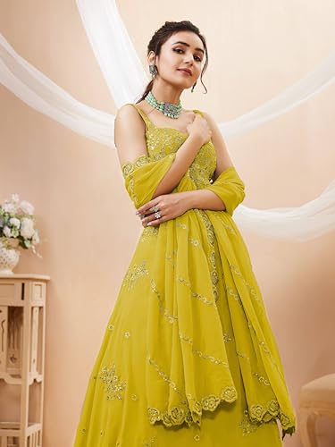 Zeel Clothing Women's Georgette Semi Stitched Lehenga Choli With Dupatta (7060-Yellow-Wedding-Lehenga-Choli; Free Size)