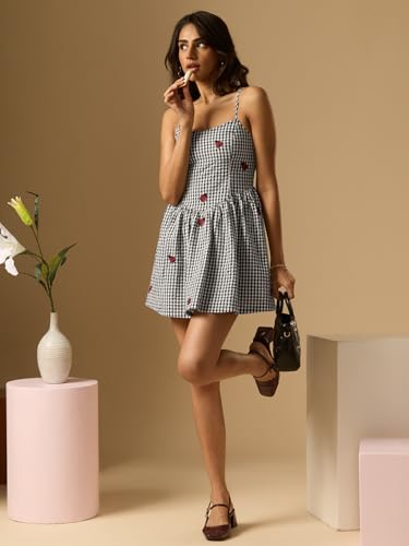 The Souled Store Gingham Dress: Ladybug Women and Girls Sleeveless Square Neck Black White and Red Embroidered Cotton Fit and Flare Smocked Back Casual Summer Everyday Comfortable Trendy Mini Dresses