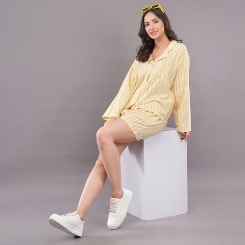 Women's Yellow Striped Lounge Co-ord Set | Full Sleeve Collared Button-Down Shirt with Shorts | Comfortable Casual Nightwear, Loungewear & Sleepwear Set for Women (in, Alpha, S, Regular)