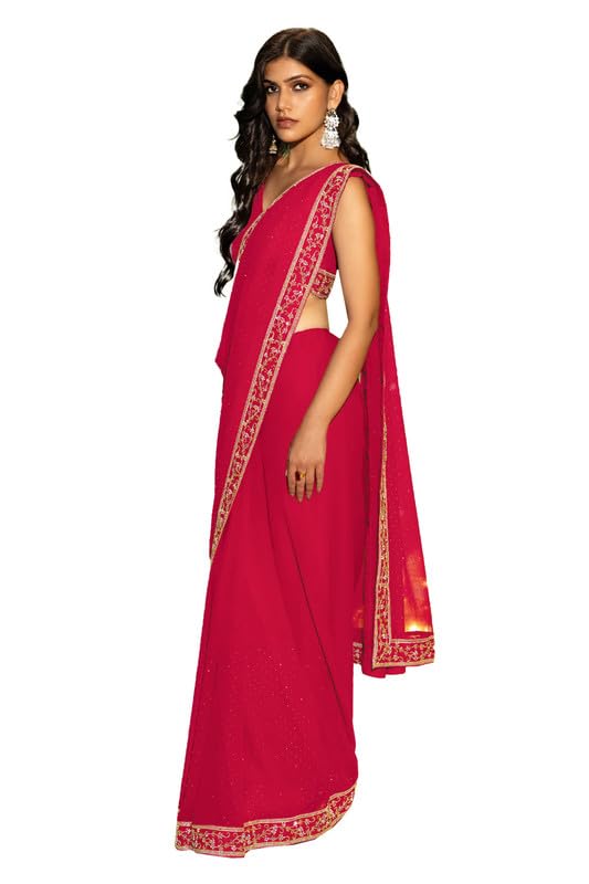 Soch Womens Fuchsia Georgette Saree With Stone Work