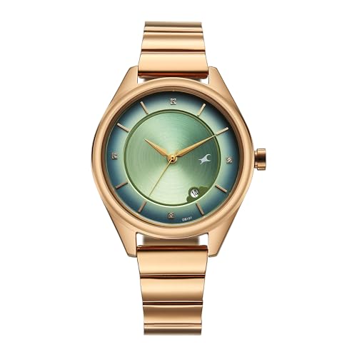 Fastrack Style up 5 Quartz Green Round Dial Girl's Watch | Stainless Steel Strap Material | Watches for Girls Analog - 6215WM02